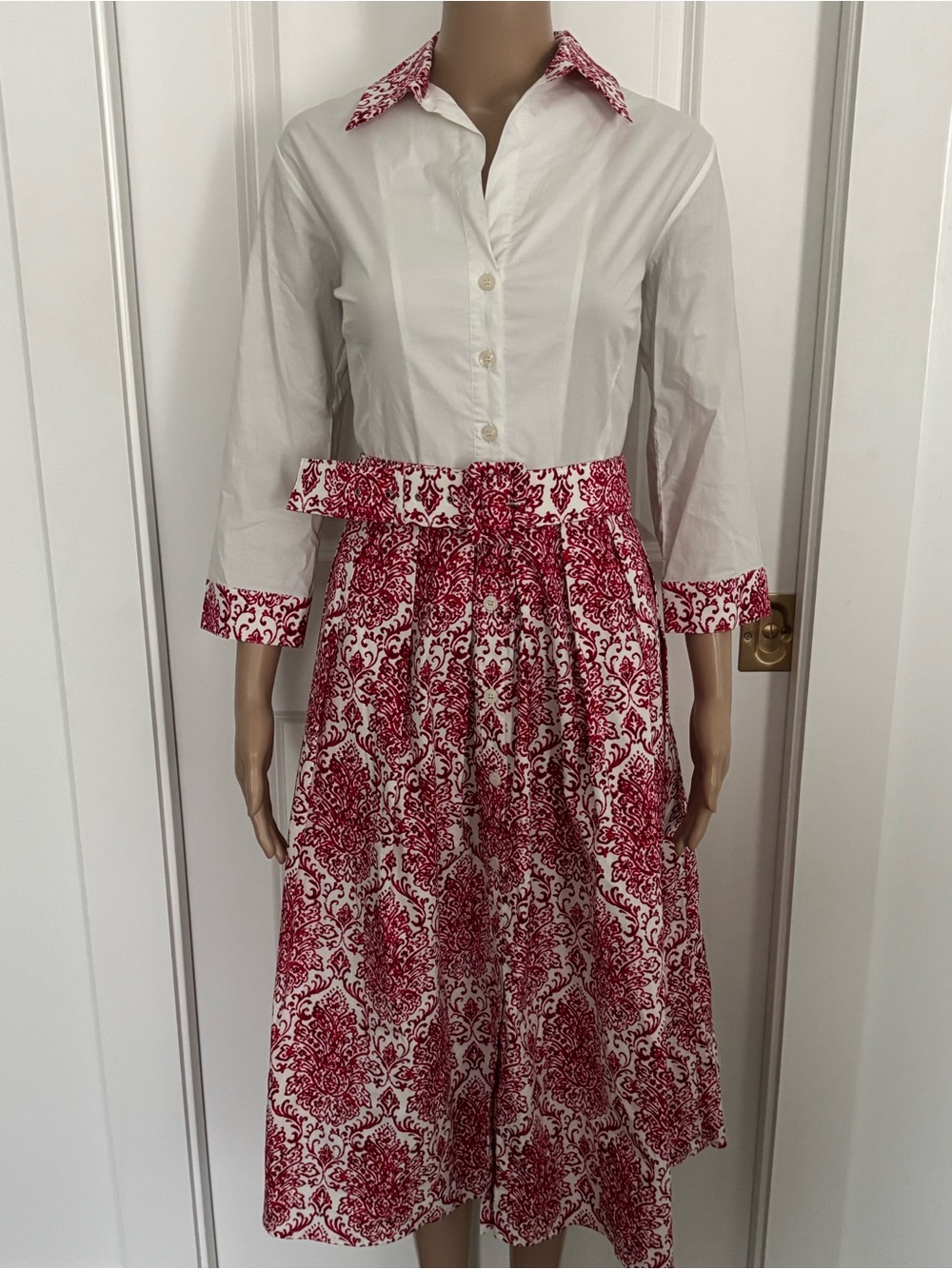 SAMANTHA SUNG White Shirt with Red Printed Midi Skirt dress and matching belt